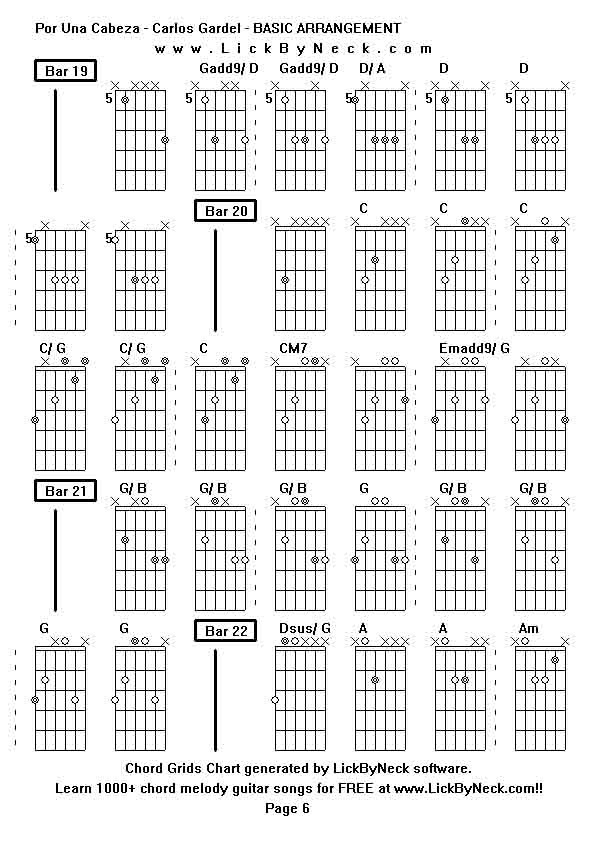 Chord Grids Chart of chord melody fingerstyle guitar song-Por Una Cabeza - Carlos Gardel - BASIC ARRANGEMENT,generated by LickByNeck software.